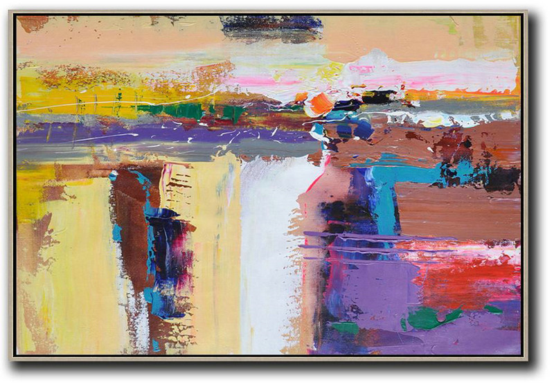 Horizontal Palette Knife Contemporary Art,Modern Art Oil Painting,Yellow,White,Brown,Purple